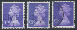 Great Britain SG Y1743  SC# MH279 Machin £1 Used x3  Bluish Violet see phosp...