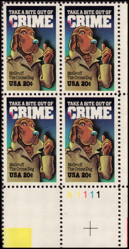 Scott 2102, 20c McGruff, Crime Prevention, PB4 #A1111 LR, MNH Beauty