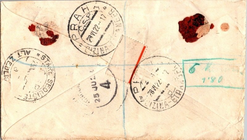 1922 New Zealand Awamutu First Flight Airmail Cover to Czechoslovakia Prague Eur