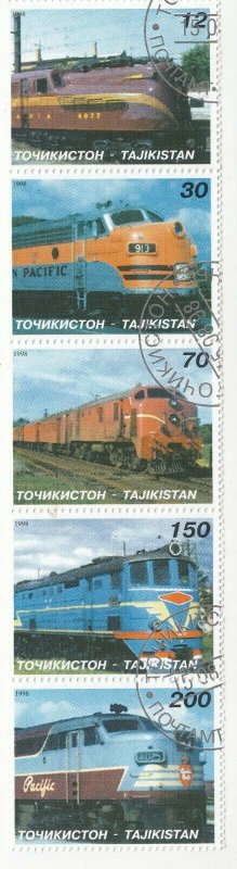 Tajikistan; 1998 Locomotives Set Of 5 In Strip, 5 Vals, 12 To 200, CTO, Trains