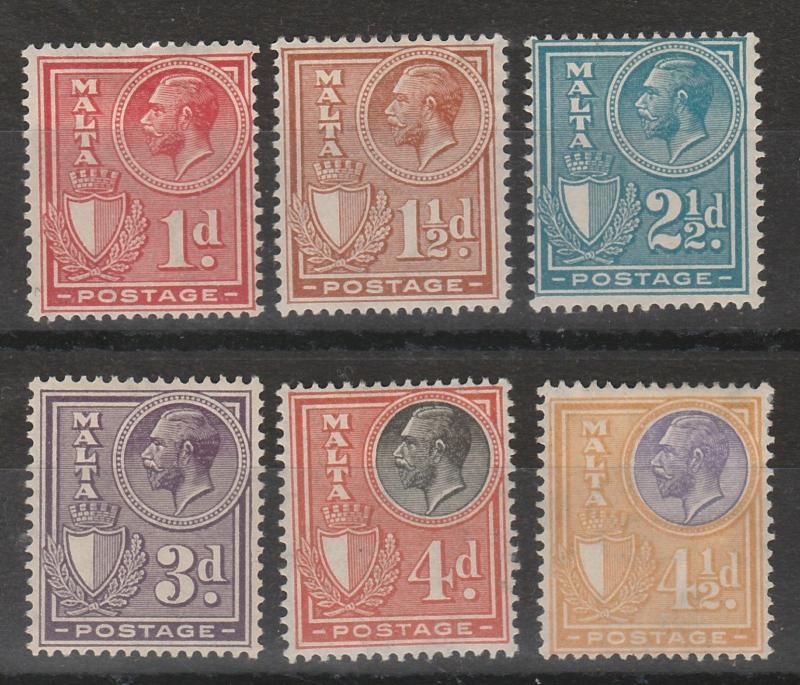 MALTA 1926 KGV SHIELD RANGE TO 41/2D INSCRIBED POSTAGE 