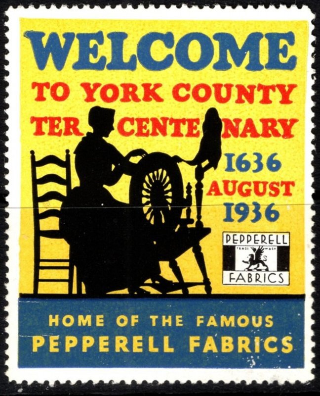 1936 US Poster Stamp Welcome To York County Tercentenary Pepperell Fabrics