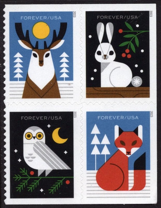 SC#5822-25 (Forever) Winter Woodland Animals Block of Four (2023) SA