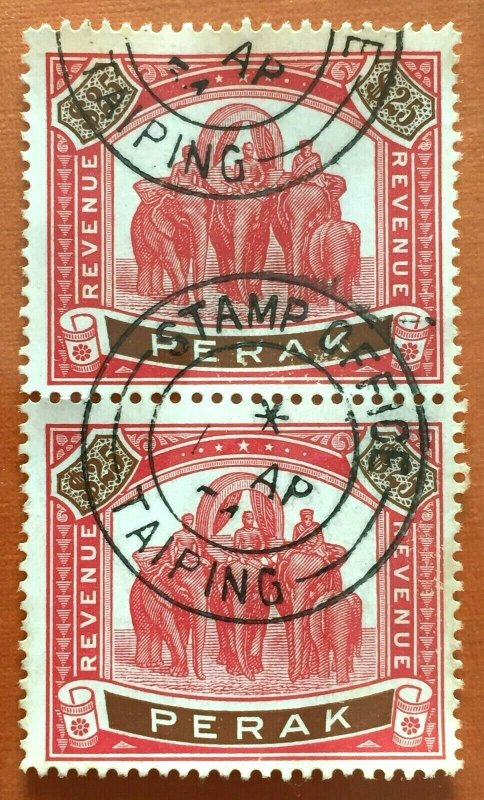 RARE MALAYA PERAK 1950 Elephants & Howdah $25 REVENUE Pair Used M3304