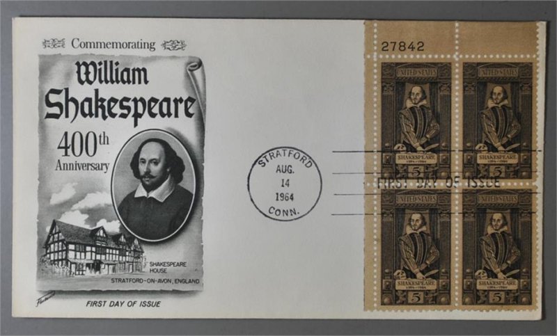 1250 FDC Plate 5¢  Plate Block William Shapespear
