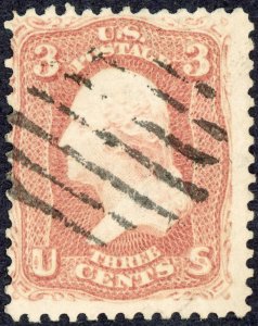 US Scott #65 – 1861 3¢ Rose Washington, Used, Civil War Issue, Grid Cancel