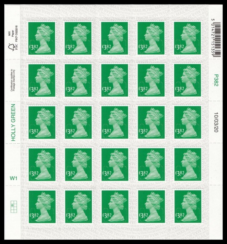 GB Machin Definitive Holly Green £3.82 M20L sheet (25 stamps) MNH 2020