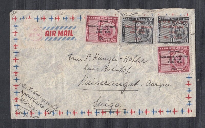 VENEZUELA 1952 EXPOSITION OVERPRINTS ON AIRMAIL COVER MERIDA TO SWITZERLAND