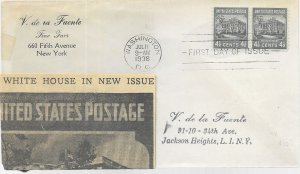 1938 Prexie FDC, #809, 4-1/2c White House, paste-on cachet, pair