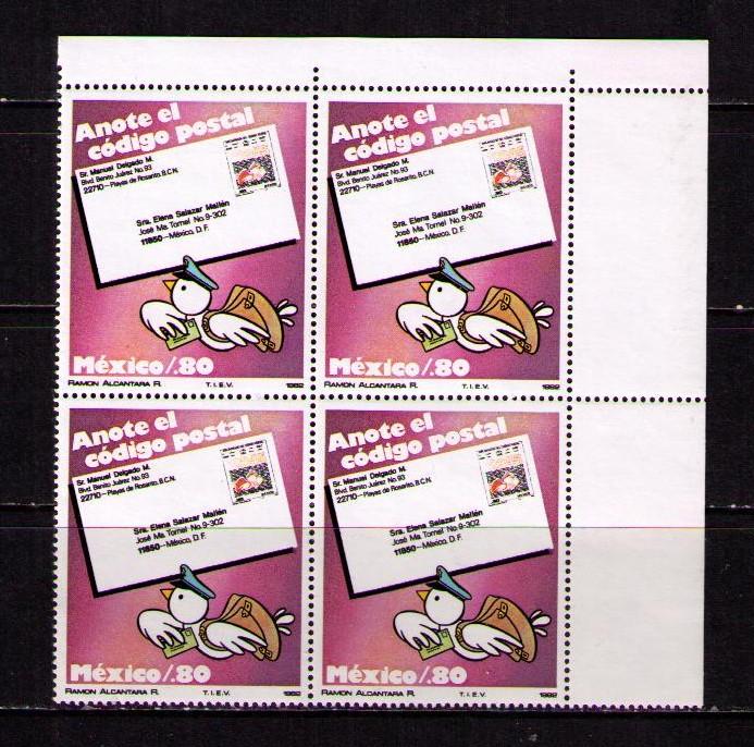 MEXICO Sc# 1270 MNH FVF Blk4 Postal Delivery Bird Zip Code