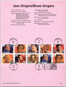 USPS SOUVENIR PAGE FAMOUS JAZZ SINGERS / BLUES SINGERS STRIP OF (10) 1994