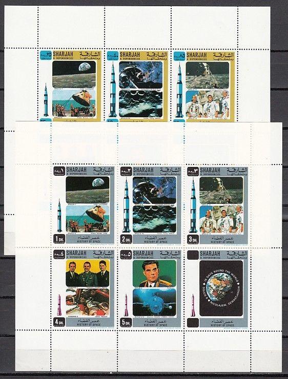 Sharjah, Mi cat. 696-705 A. #3 History of Space, on 2 sheets.