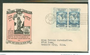 US 735a 1934 3c Byrd Expedition (pair cut from Farley mini-sheet) on an addressed first day cover with a National Stamp Exhibiti