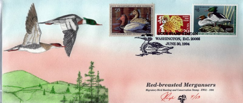 Rare Large Pugh Designed/Painted Merganser Ducks FDC.. 9 of Only 13 created!