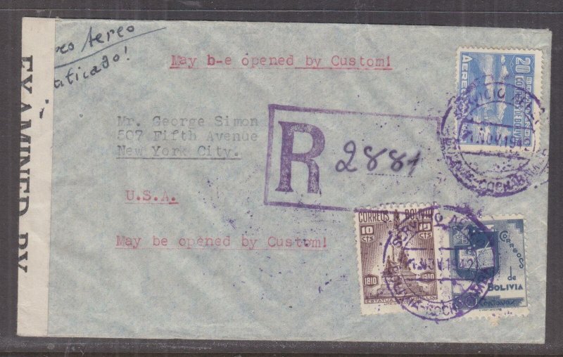 BOLIVIA, 1942 Reg. Airmail Censored cover, Cochabamba to USA, 10c., 30c., 20b.