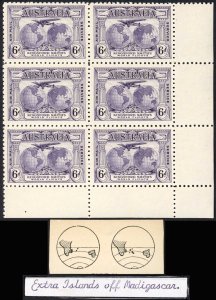 Australia SG129 6d Kingsford Smith top right with EXTRA ISLANDS U/M Block (tone