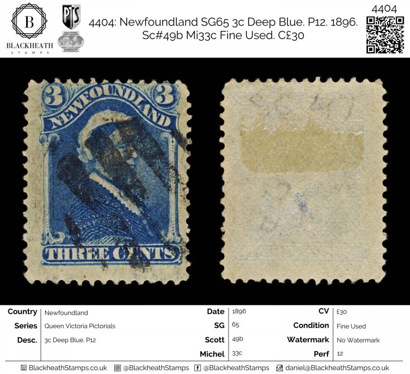 4404: Newfoundland SG65 3c Deep Blue. P12. 1896. Sc#49b Mi33c Fine Used. C£30