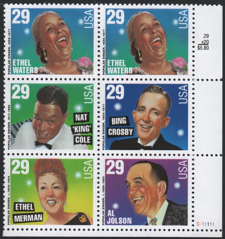 SC#2849-53 29¢ Popular Singers Plate Block of Six: LR #S111111 (1994) MNH