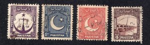 Pakistan 1948-54 6p, 1a, 2a & 4a values, Scott 25, 27, 29, 33 used, value =$1.70