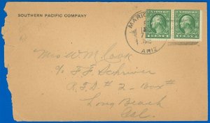 FEB 1915 Maricopa AZ Cds, SOUTHERN PACIFIC CO. C/C, 2 Booklet Pane Stamps, #405b