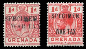 Grenada #MR1-2S (SG 109-111s) Cat£95, 1916 War Tax, set of two, overprinted ...