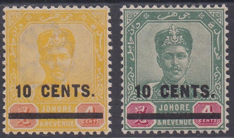 JOHORE 1904 SULTAN SURCHARGE 10C ON 4C GREEN AND YELLOW */**