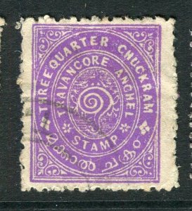 INDIA; TRAVANCORE early 1900s local issue fine used. 3/4ch value