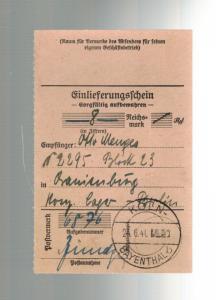 1940 Koln Germany to Oranienburg Concentration Camp money order Receipt KZ