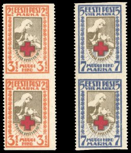 Estonia #B7-8a Cat$60, 1922 Red Cross, set of two vertical pairs, imperf. hor...