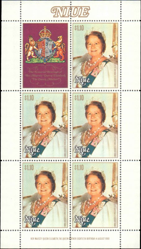 Niue #291, Complete Set, Sheet of 5 + Label, 1980, Royality, Never Hinged