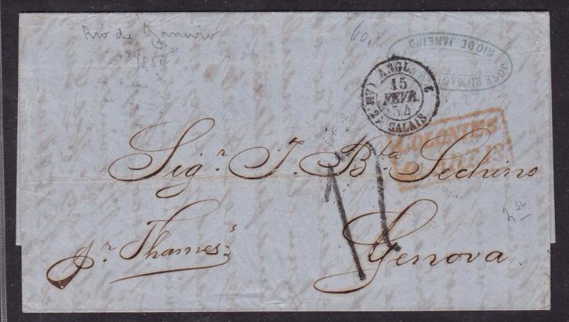 E18057 -  BRAZIL 1854 LETTER RIO DE JANEIRO TO GENOVA VIA GB, CALAIS & TORINO