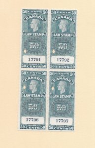 Canada: 50c Law Stamp Blk/4 VanDamm # FSC25b, Punch Canx (53611)