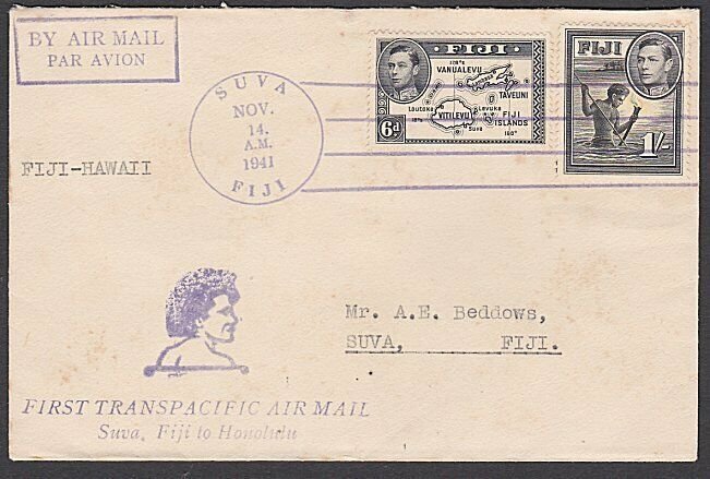 FIJI 1941 First flight cover Suva to Honolulu Hawaii........................M176