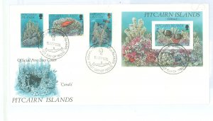 Pitcairn Islands 407-410 1994 Corals/three stamps plug mini-sheet on an unaddressed, cacheted first day cover.