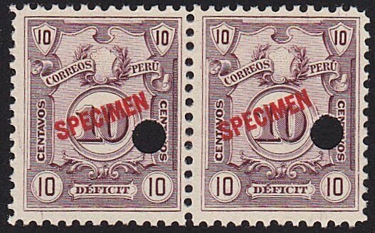 PERU 1909 Postage due pair SPECIMEN opt in red + security punch hole .......7972