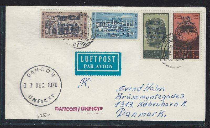 CYPRUS  (P12103B) 1970 4 STAMP COVER UN FORCES IN CYPRUS TO DENMARK,  DANCON