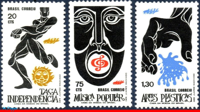 1230-32 BRAZIL 1972 FOLK ART, FOOTBALL SOCCER MUSIC, MI 1324-26 RHM C-740-42 MNH
