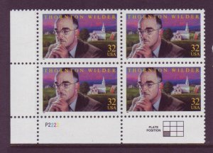 1997 Thornton Wilder Plate Block Of 4 32c Postage Stamps, Sc# 3134, MNH, OG