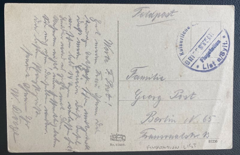 1910s Sylt Germany Navy Sea Flight Station Feldpost Postcard Cover To Berlin