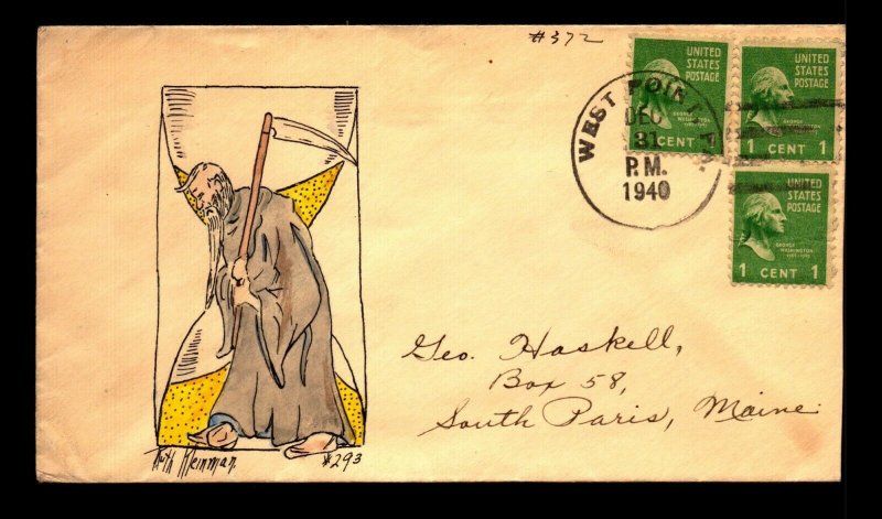 1940 ACE Artist #293 Hand Painted - Grim Reaper New Years Day Cover - L33123 