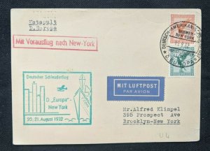 1932 Berlin Germany Catapult Ship to Shore Air Mail Cover to Brooklyn New York