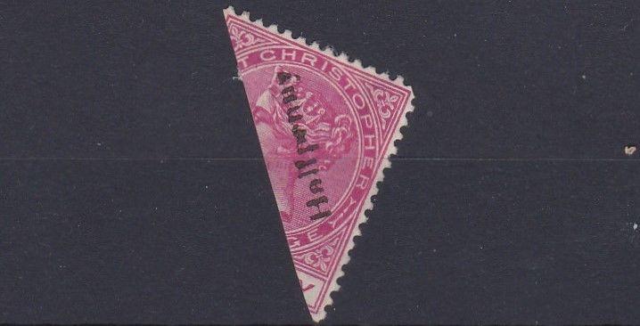 ST KITTS  1885   S G  23   1/2 0N 1/2 OF 1D  BISECT  MH  PAPER REMAINS 