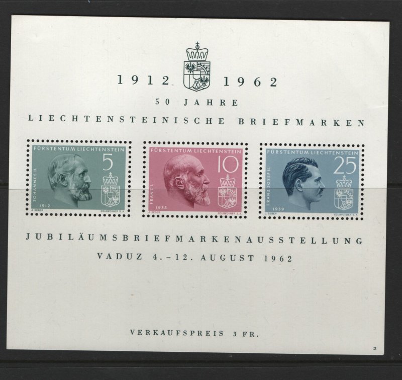 LIECHTENSTEIN 369 Souvenir Sheet, MNH, 1962 Price Johann II