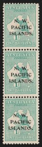 NEW GUINEA - NWPI 1915 Kangaroo 1/- green 1st wmk, abc strip.