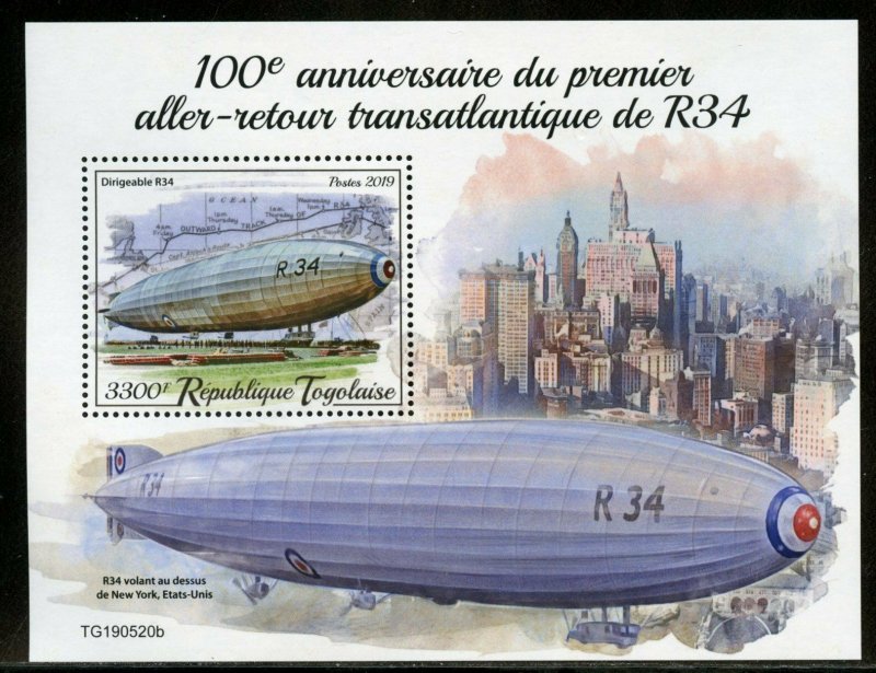 TOGO 2019 100th ANN OF THE ZEPPELIN TRANS ATLANTIC  FLIGHT SHEET  MINT NH