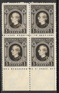 SLOVAKIA 1940-42 3k Andrej Hlinka P.10 1/2 Issue Block of 4 Sc 57a MNH