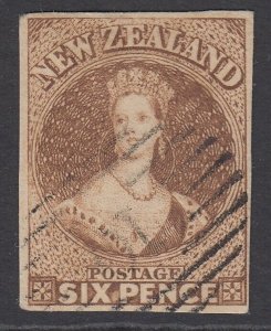 SG 13 New Zealand 1857-63. 6d brown. Very fine used. 4 fine margins