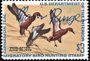 RW38 $3.00 Three Cinnamon Teal Stamp (1971) Signed