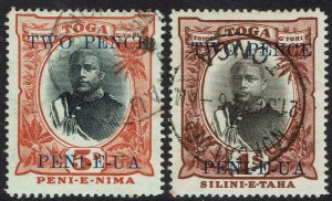 TONGA 1923 KING TWO PENCE OVERPRINT 5D AND 1/- WMK UPRIGHT USED