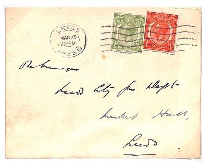 GB Cover KGV STATIONERY CUT-OUTS Usage Yorks Leeds 1925{samwells-covers}BD26